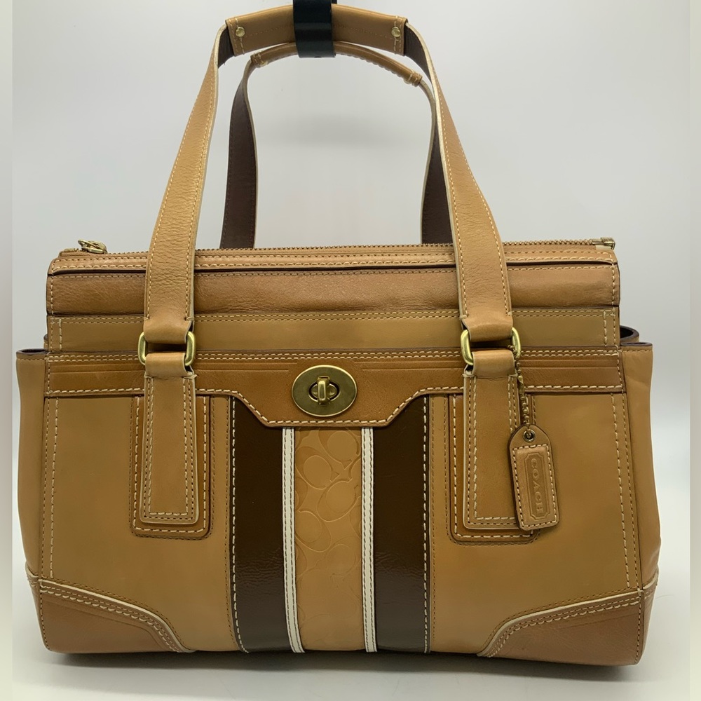 Vintage Coach 11609 Hampton Beige Brown Embossed Signature Stripe Leather Purse
